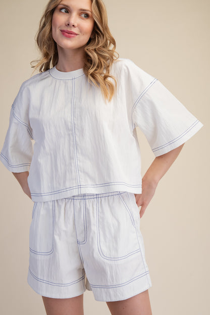 Elevated Basic Stitch Detail Crop Top - White