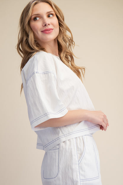 Elevated Basic Stitch Detail Crop Top - White