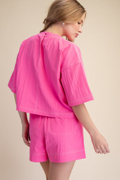 Elevated Basic Stitch Detail Crop Top - Hot Pink