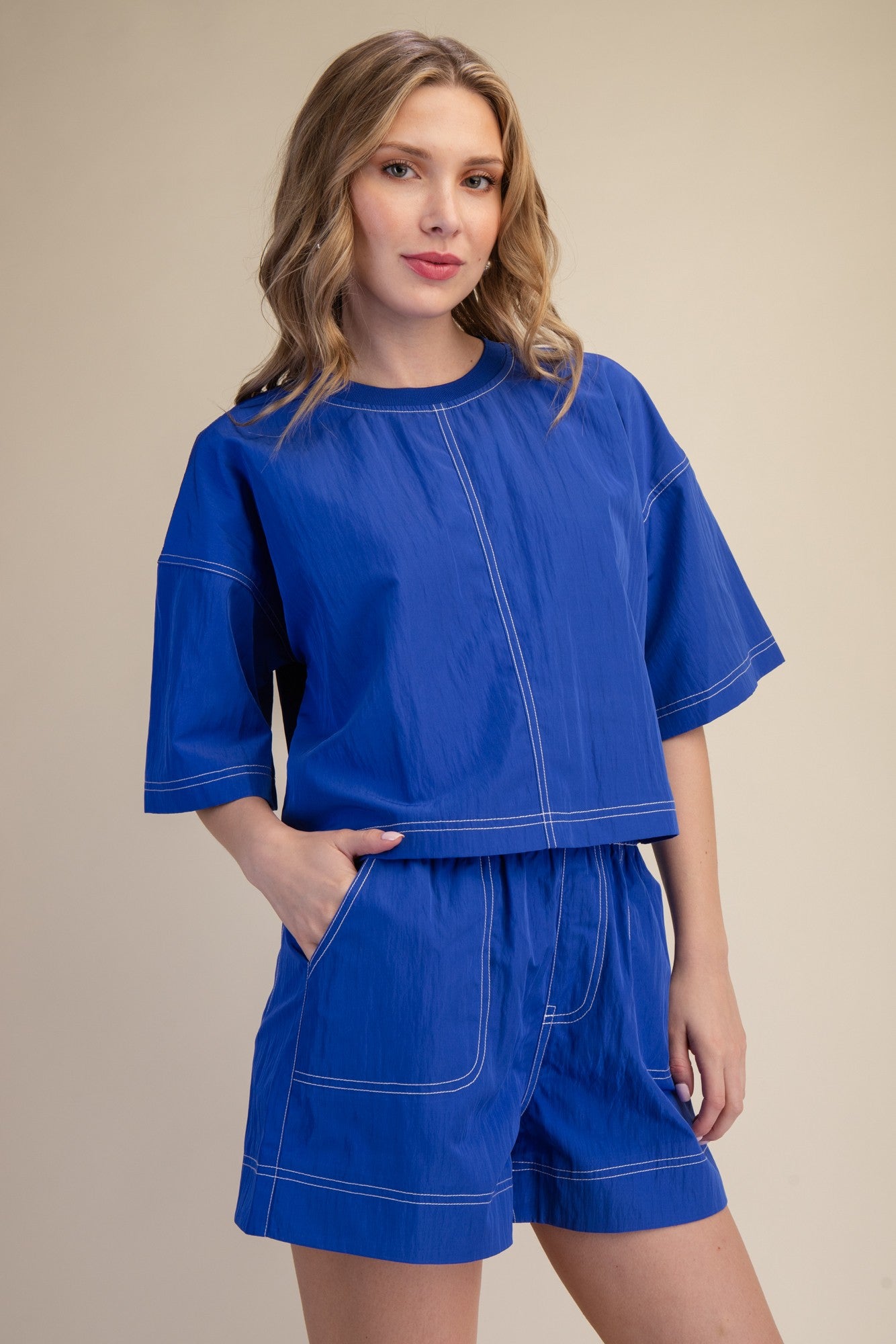 Elevated Basic Stitch Detail Crop Top - Royal Blue