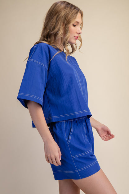 Elevated Basic Stitch Detail Crop Top - Royal Blue