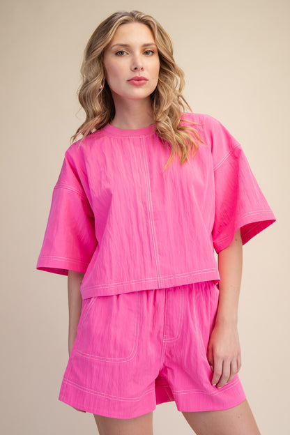 Elevated Basic Stitch Detail Crop Top - Hot Pink
