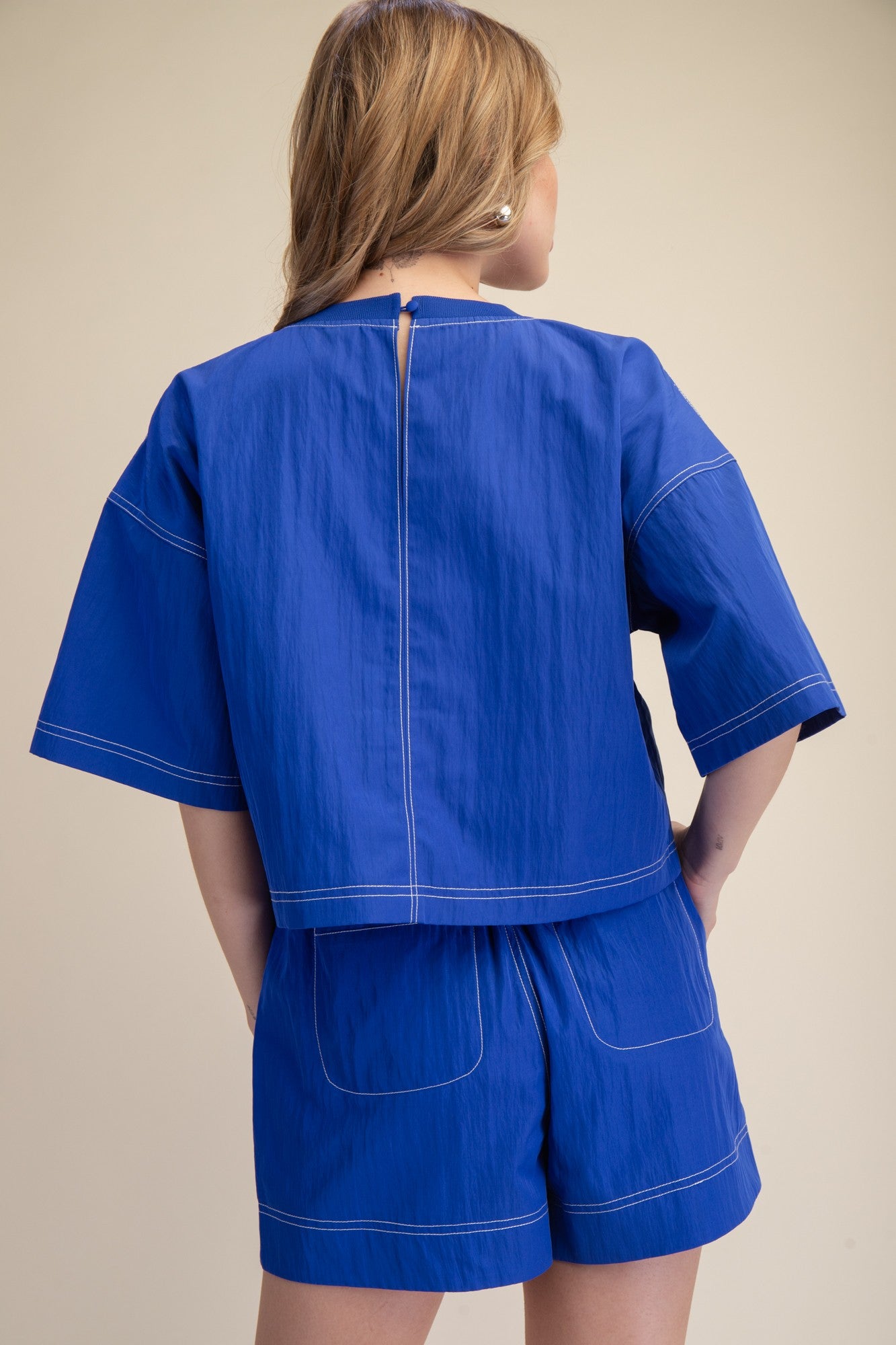 Elevated Basic Stitch Detail Crop Top - Royal Blue