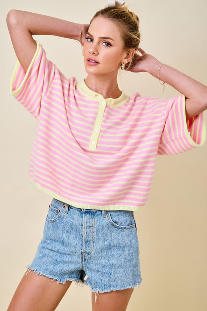 Pink Lemonade Stripe Henley Sweater