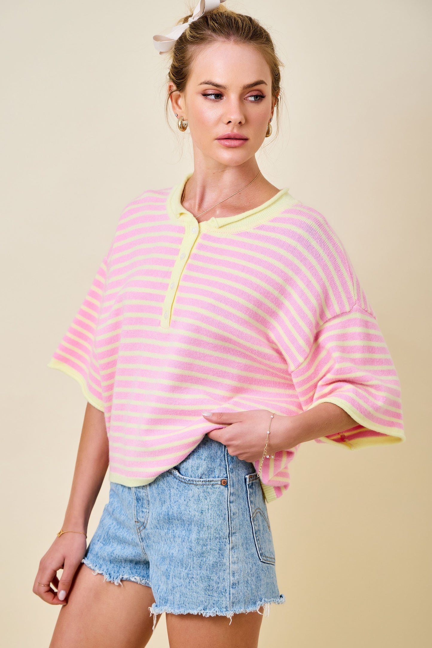 Pink Lemonade Stripe Henley Sweater