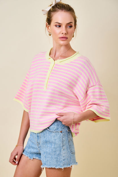Pink Lemonade Stripe Henley Sweater