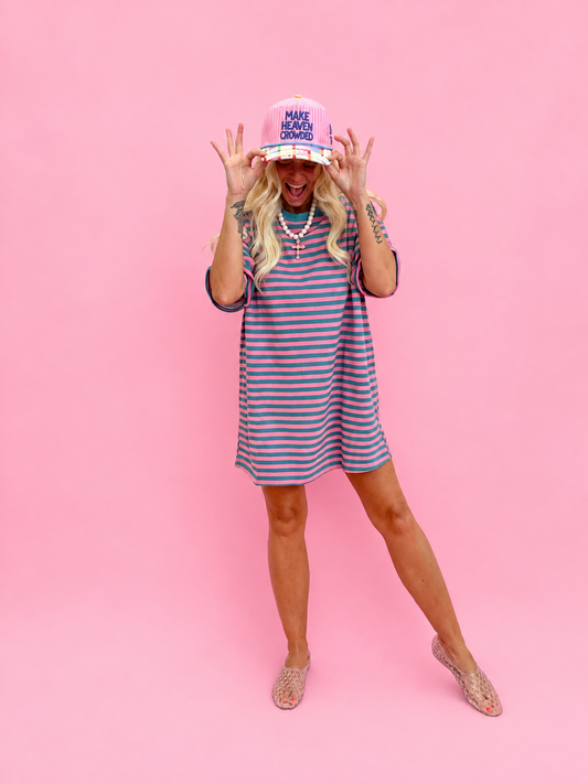 Pink & Green Stripe Knit Pullover Oversized Tee Dress - Milo & Lily Boutique