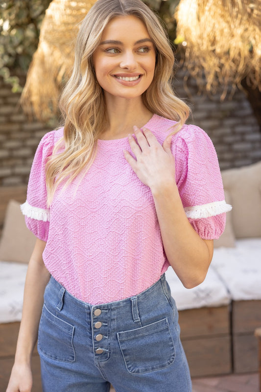Pink Wavy Texture Puff Sleeve Top