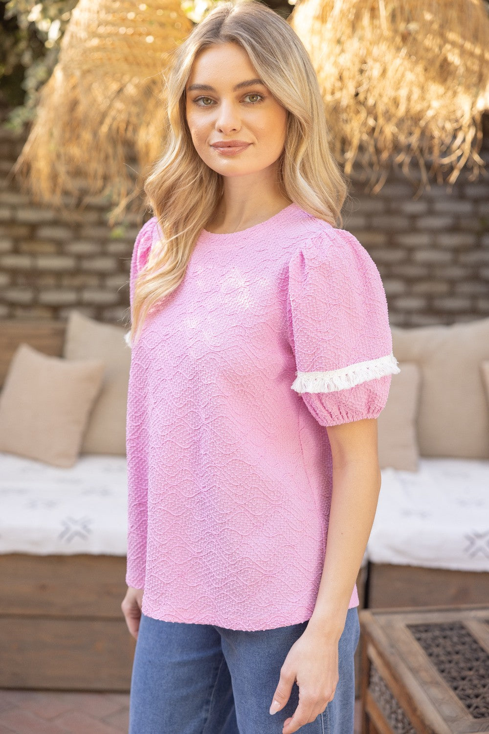 Pink Wavy Texture Puff Sleeve Top