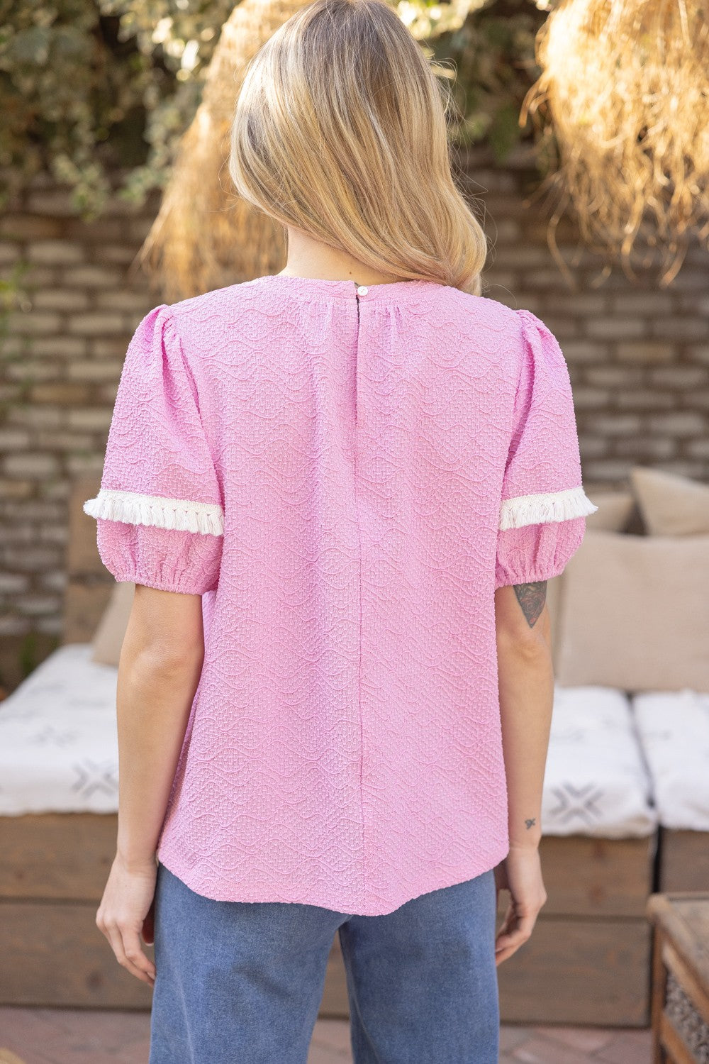 Pink Wavy Texture Puff Sleeve Top