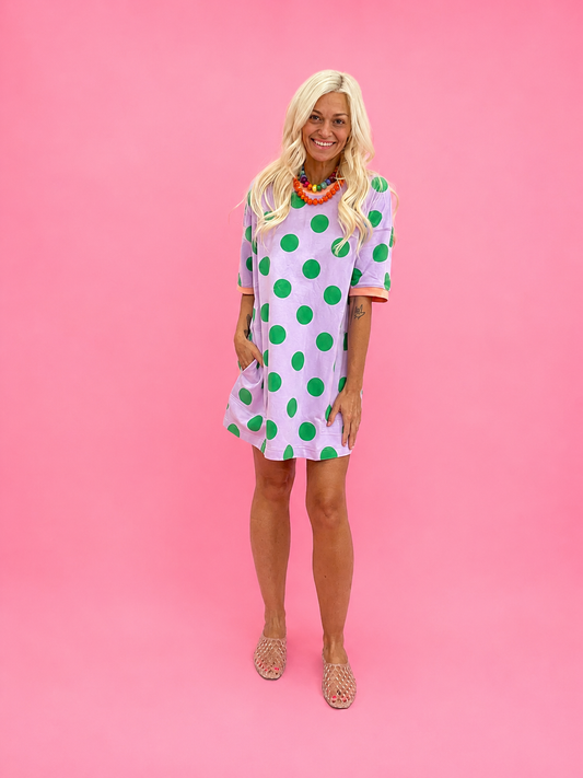 Playful Polka Dot Relaxed Mini Dress: Lavender/Green - Milo & Lily Boutique