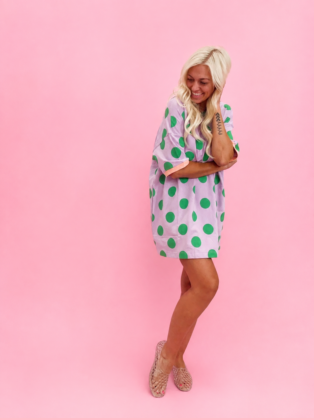Playful Polka Dot Relaxed Mini Dress: Lavender/Green - Milo & Lily Boutique