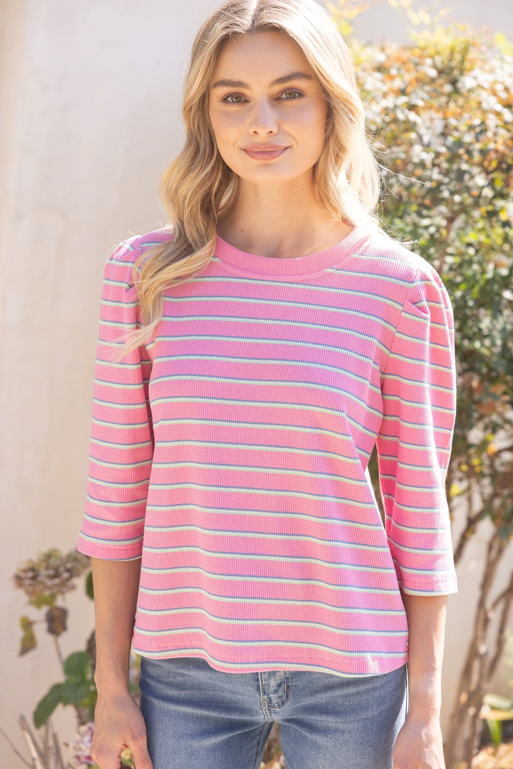 Polly Pink Striped Puff Sleeve Casual Top