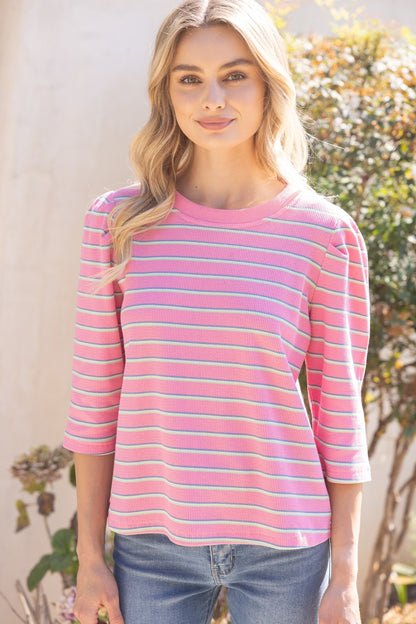 Polly Pink Striped Puff Sleeve Casual Top