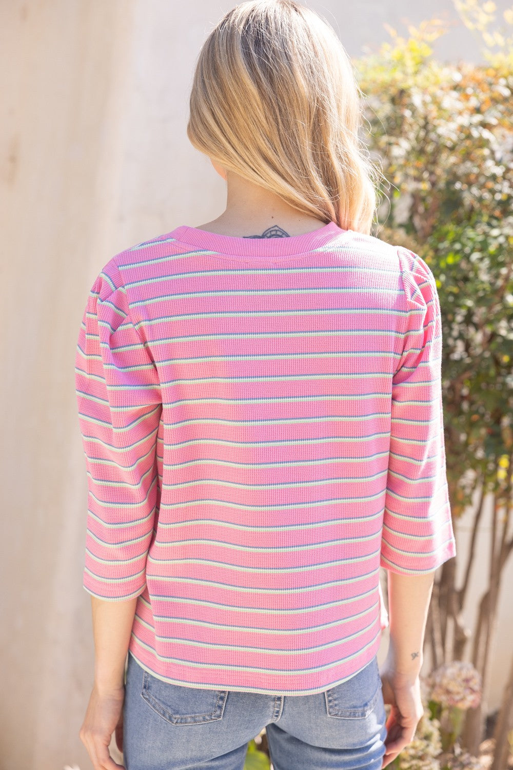 Polly Pink Striped Puff Sleeve Casual Top