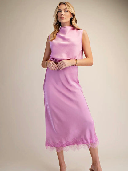 Pretty in Pink Lace Trim Midi Skirt