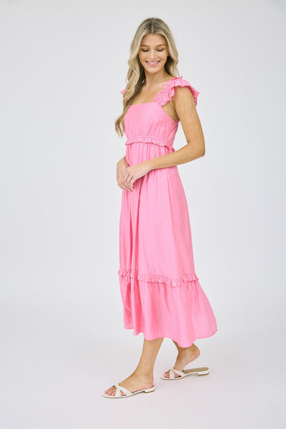 Pink Ruffle Tier Midi Dress