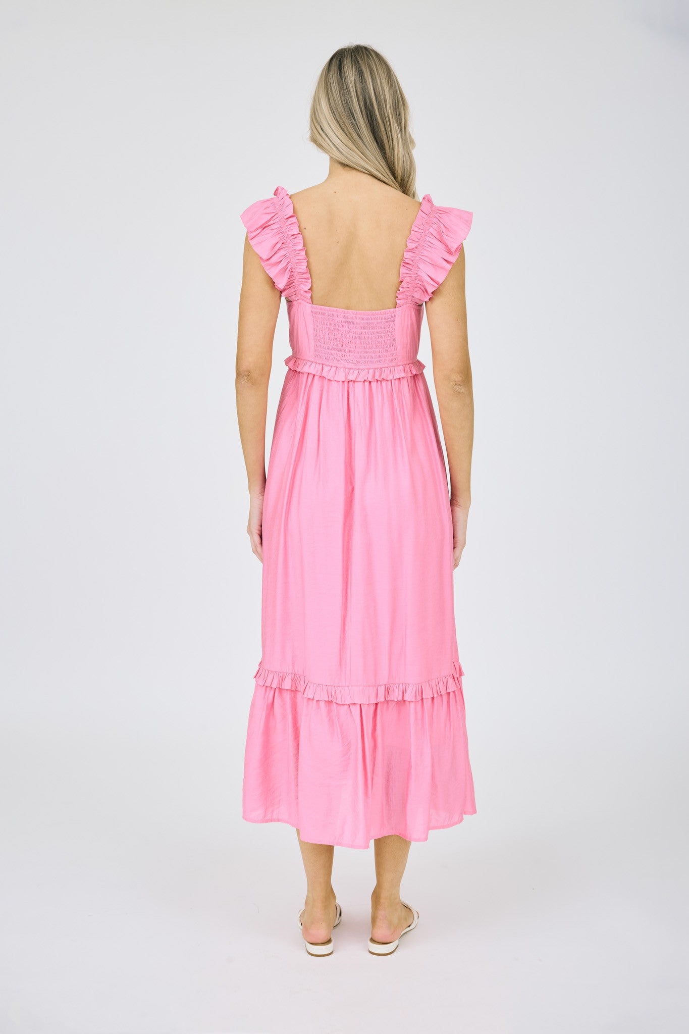 Pink Ruffle Tier Midi Dress