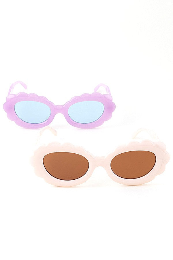 Two pairs of scallop-edged sunglasses, one pink with blue lenses, one cream with brown lenses