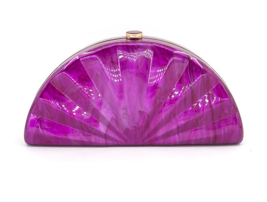 Pink semi-circular clutch bag on a white background