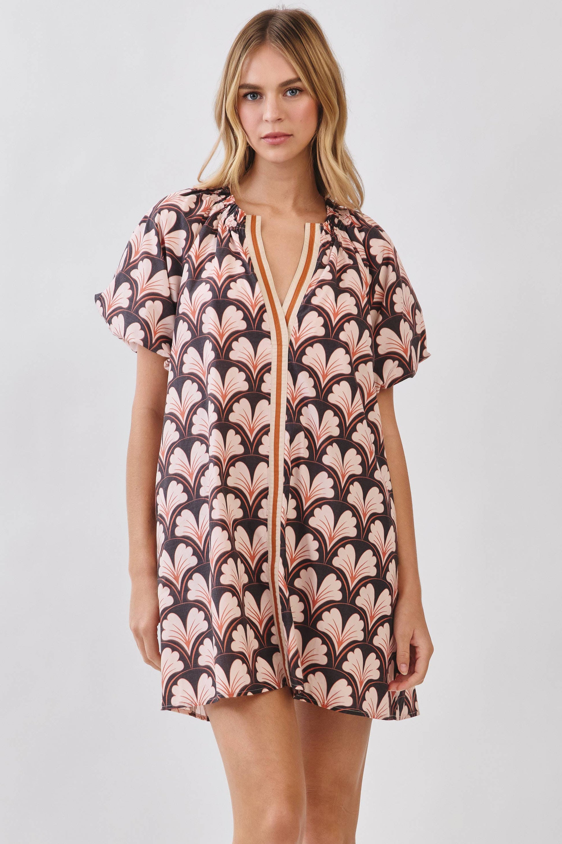 CD07019-Floral Print Puff Sleeve Mini Dress: Brown / S - Milo & Lily Boutique