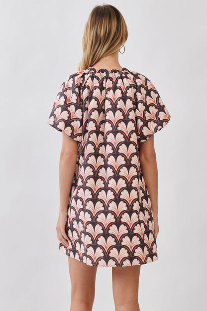 CD07019-Floral Print Puff Sleeve Mini Dress: Brown / S - Milo & Lily Boutique