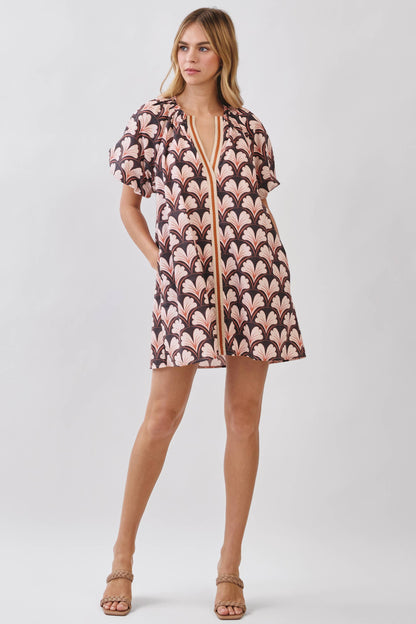 CD07019-Floral Print Puff Sleeve Mini Dress: Brown / S - Milo & Lily Boutique