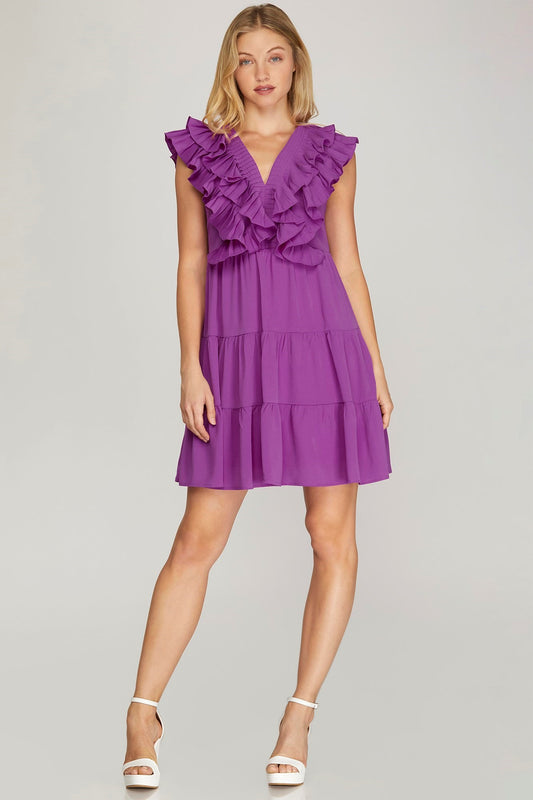 Purple Rain Ruffle V-Neck Mini Dress