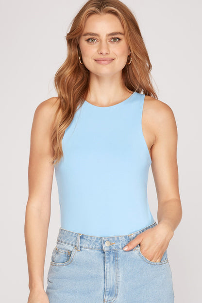 Buttery Soft Sleeveless Crew-Neck Knit Bodysuit - Light Blue