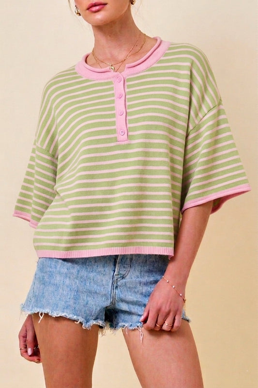 Strawberry Matcha Stripe Henley Sweater - Milo & Lily Boutique