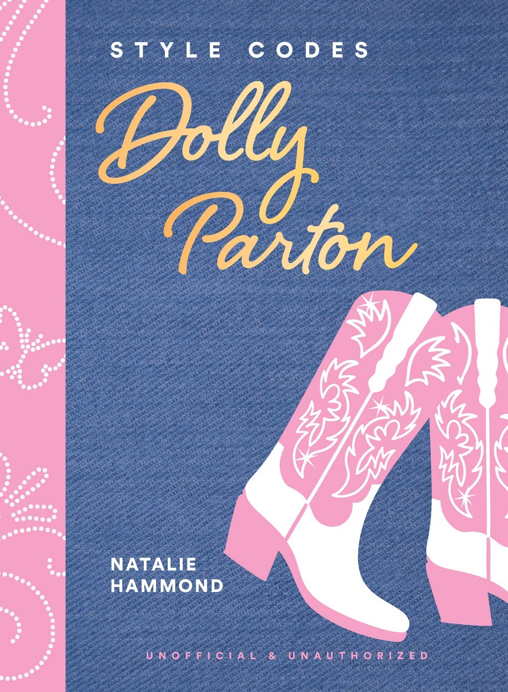 Book cover of 'Style Codes Dolly Parton' with pink and white boots on a blue background