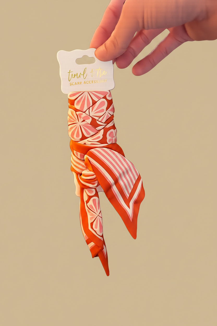 An orange and pink patterned scarf accessory on a white display card, held by a hand against a plain white background.