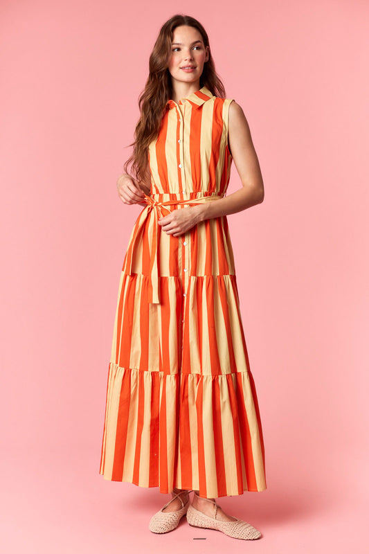 Victory Lane Stripe Orange Button Front Maxi Dress