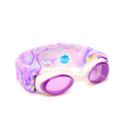Kids' purple swim goggles with marbled pastel strap and Splash logo, white background