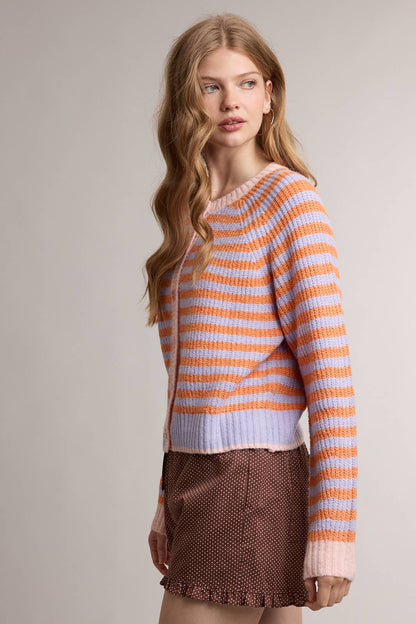 STRIPED COLORBLOCK KNIT SWEATER CARDIGAN / WL26-13265: PERIWINKLE/ORANGE / S - Milo & Lily Boutique