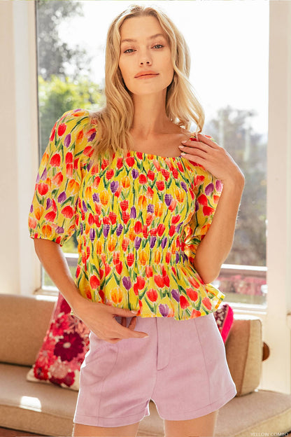 Tulips 🌷 Pleated Smock Bubble Sleeve Top