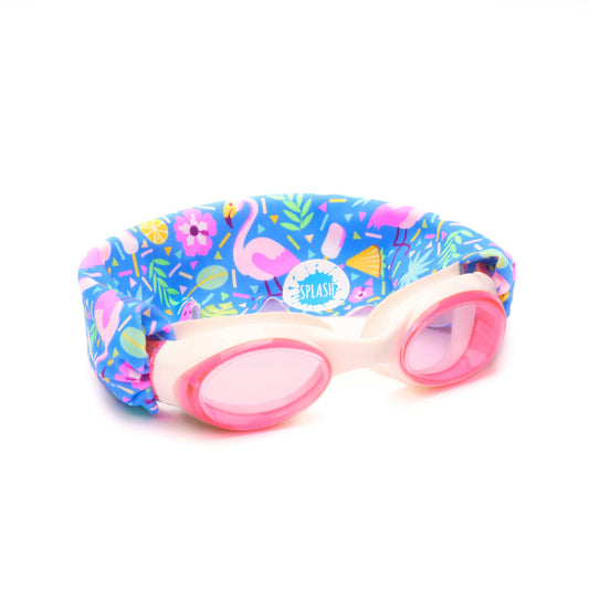 Kids swim goggles with pink lenses and blue flamingo printed strap on white background
