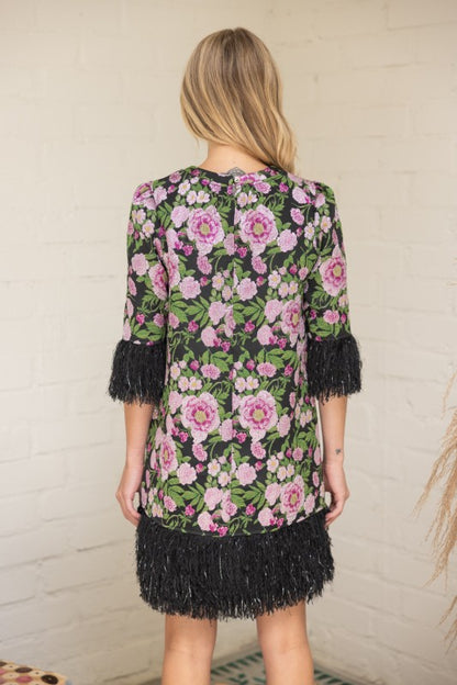 black-floral-jacquard-dress-with-feather-trim-full-back-view-milo-and-lily-boutique.
