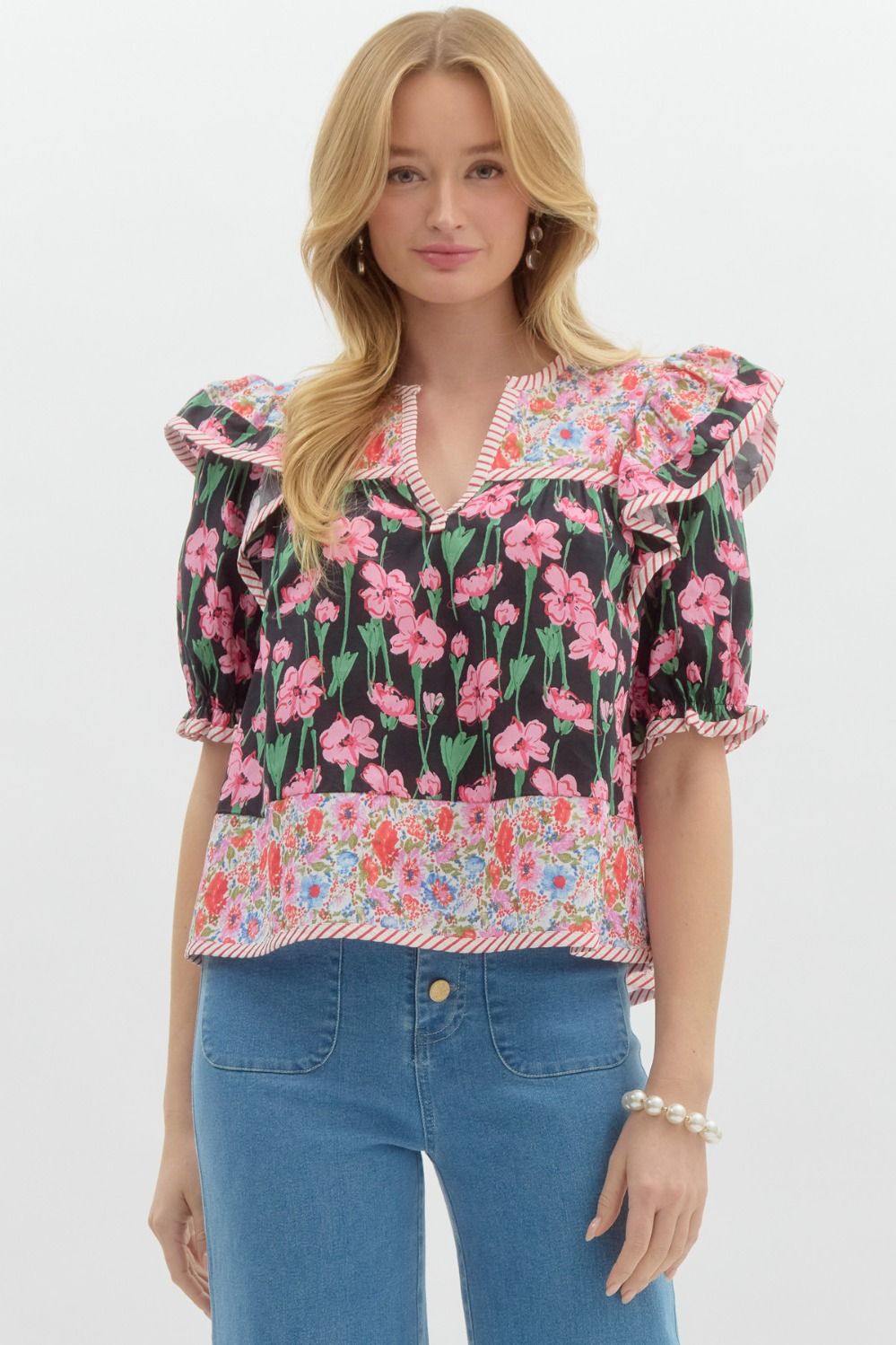 Black Floral Mix Print Ruffle 3/4 Sleeve Blouse