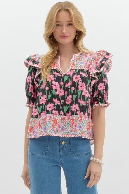 Black Floral Mix Print Ruffle 3/4 Sleeve Blouse