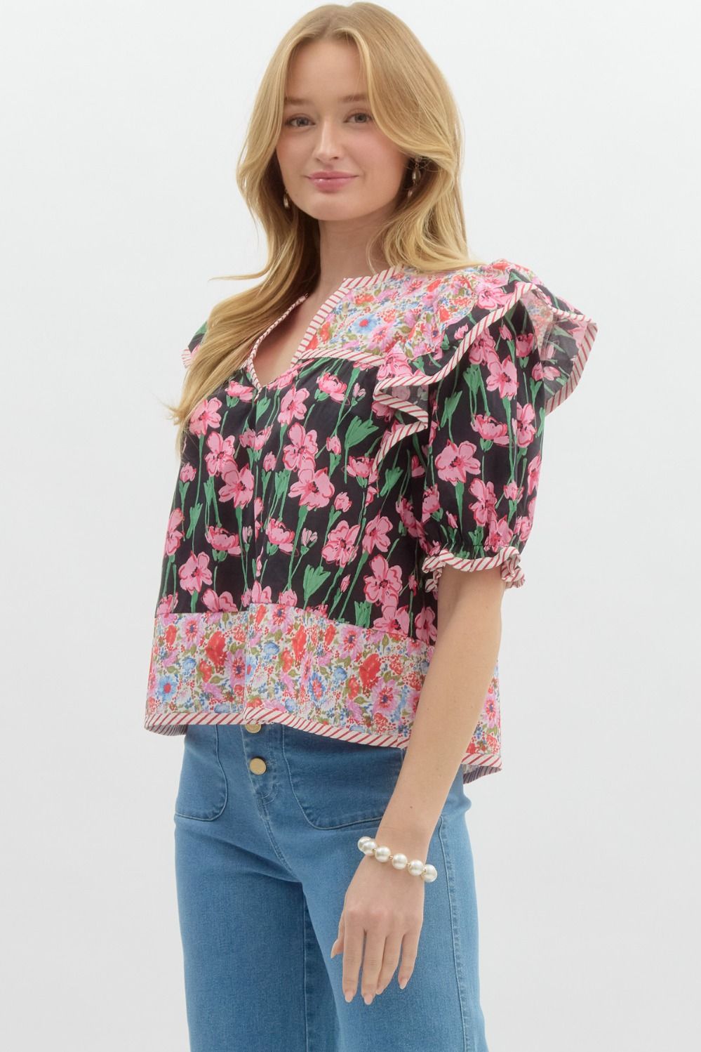 Black Floral Mix Print Ruffle 3/4 Sleeve Blouse