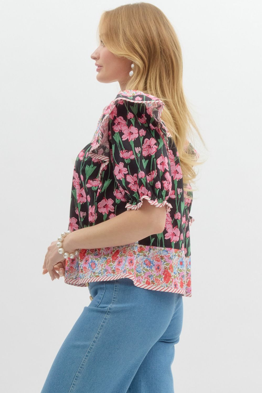 Black Floral Mix Print Ruffle 3/4 Sleeve Blouse