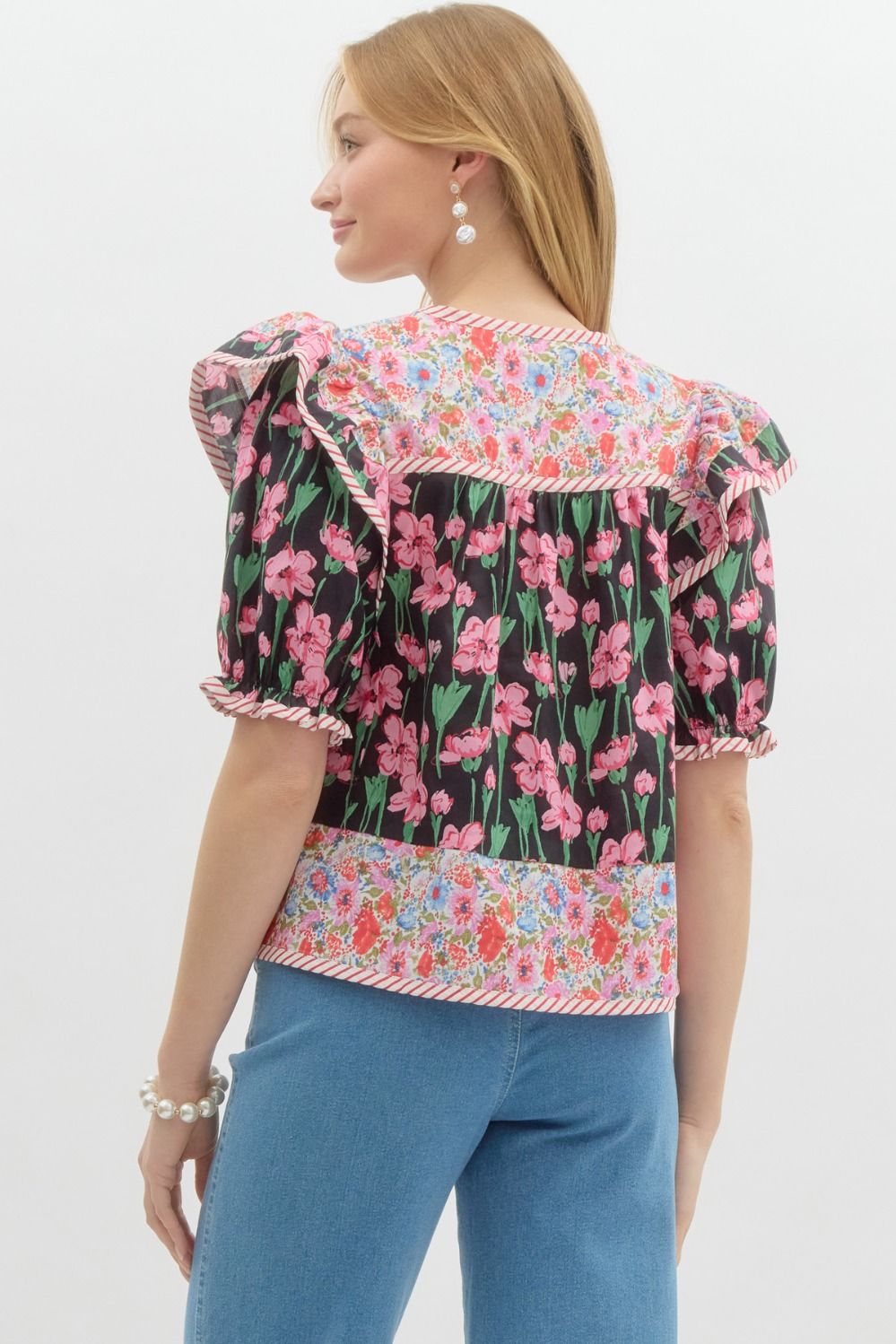Black Floral Mix Print Ruffle 3/4 Sleeve Blouse