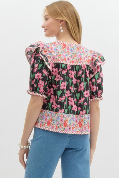 Black Floral Mix Print Ruffle 3/4 Sleeve Blouse