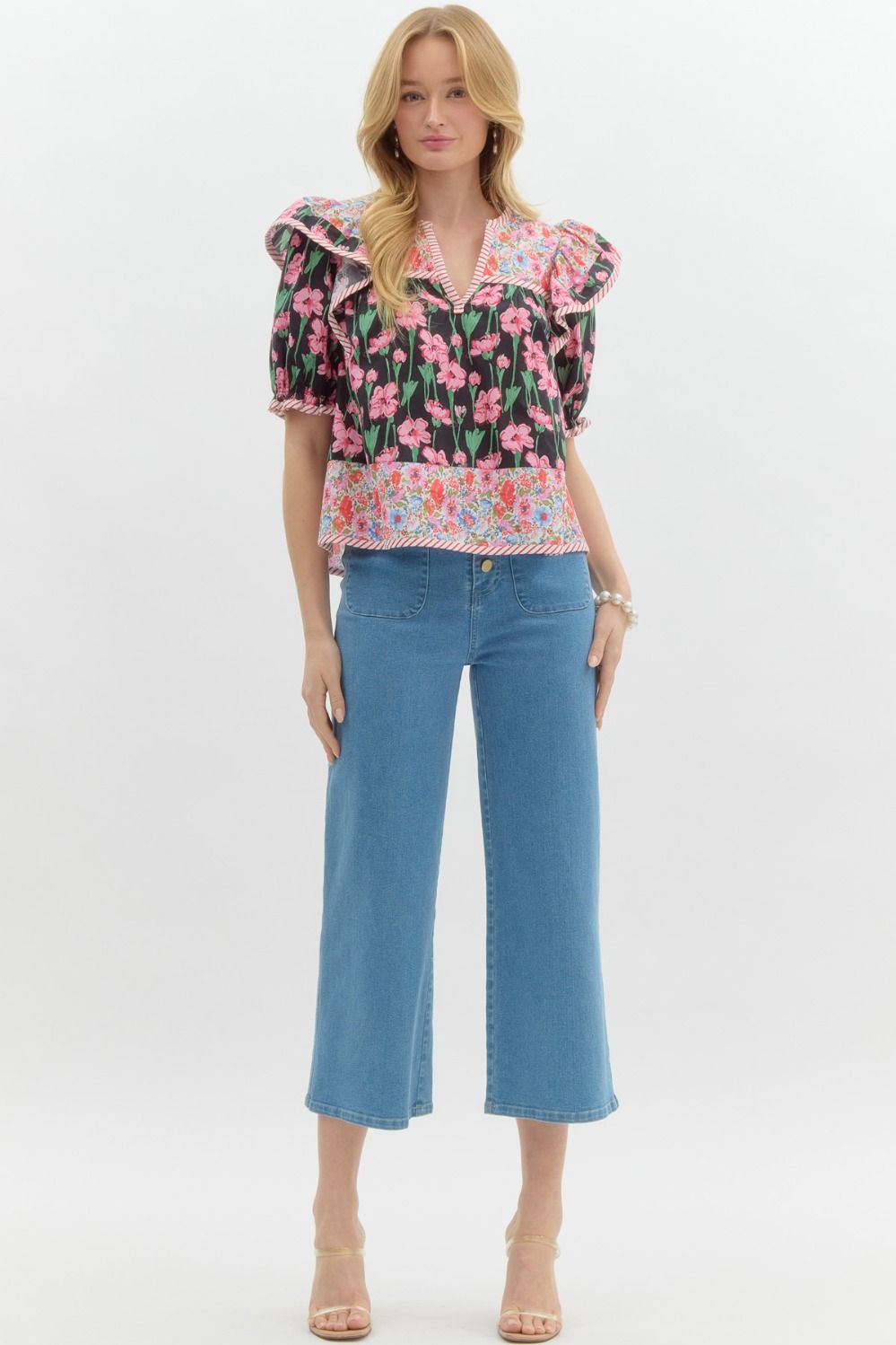 Black Floral Mix Print Ruffle 3/4 Sleeve Blouse