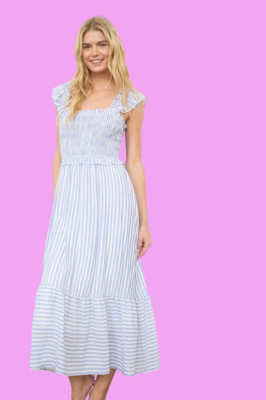 blue and white striped smocked midi dress with ruffle straps lightweight summer vacation dress