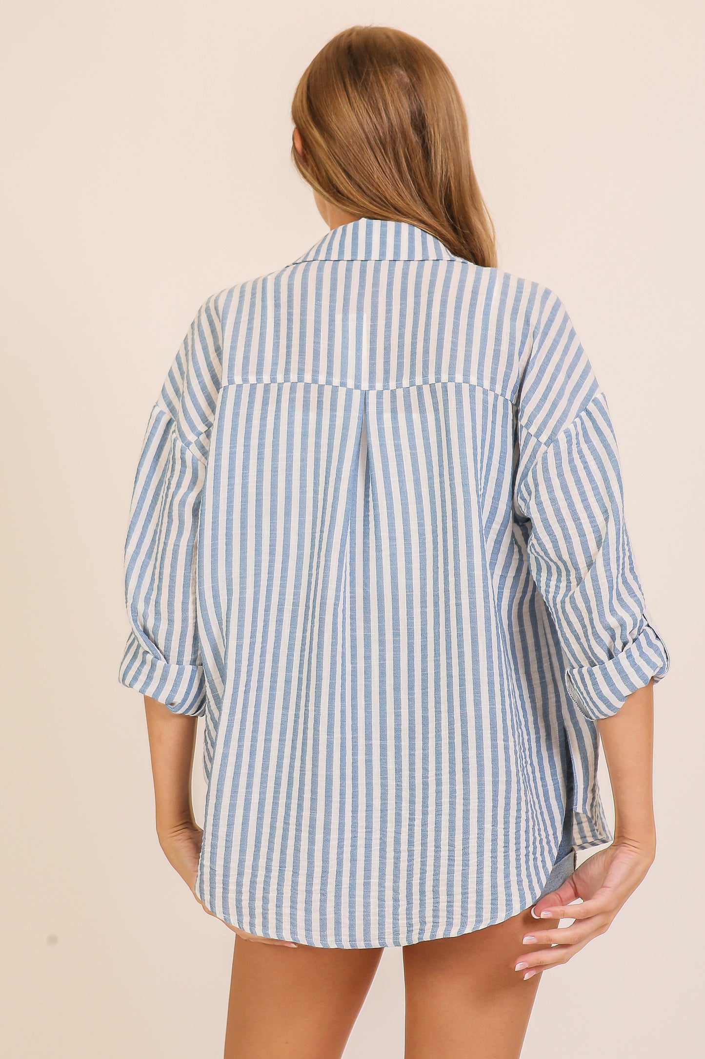 Timeless Classic Stripe Button Down Top - BLUE