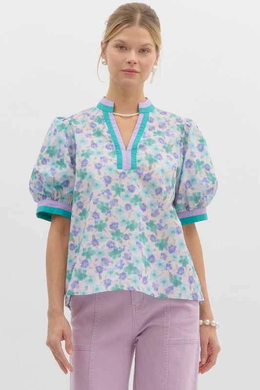 Blue Floral Contrast Banding Top