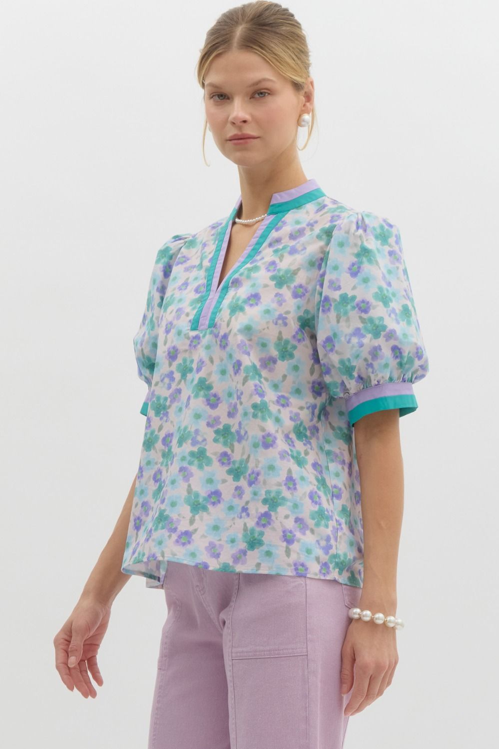 Blue Floral Contrast Banding Top