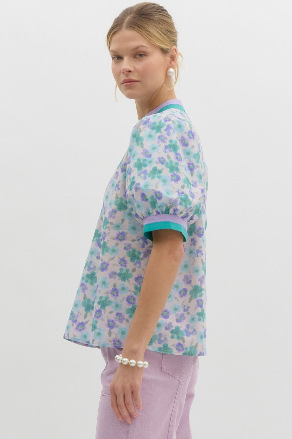 Blue Floral Contrast Banding Top